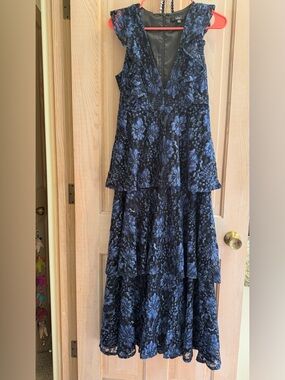 Lulu's Blue and Black Floral Lace Maxi Dress